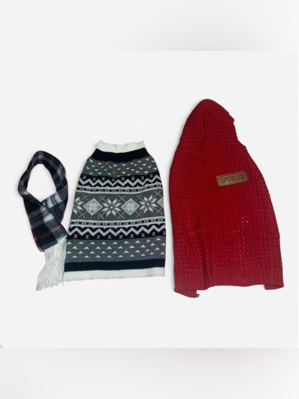 Spoiled Red Hooded Knit Dog Sweater with Gray Fair Isle Vest and Plaid Scarf